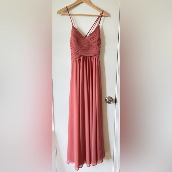 Lulu’s Rusty Rose Lace Back Maxi Dress Pintucked Chiffon Surplice Spaghetti L - Picture 3 of 10